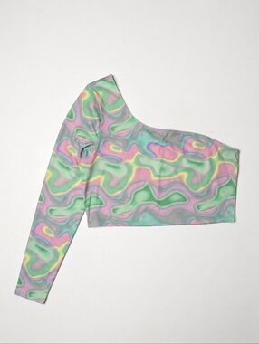 Monki Abstract Swirl One Shoulder Long Sleeve Crop Top | Size XXL